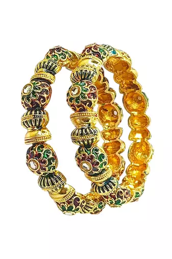 Gold plated set of 2 meenakari kundan bangles