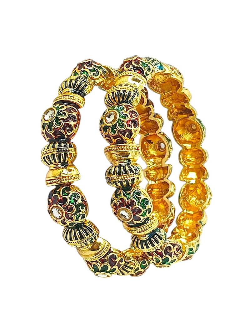 Gold plated set of 2 meenakari kundan bangles