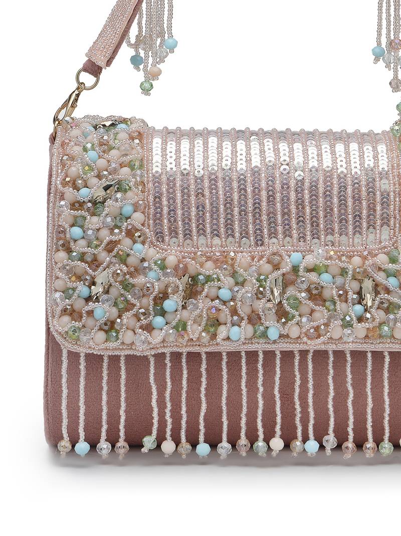  blush & bead dusky pink & pastel multi suede embellished clutch