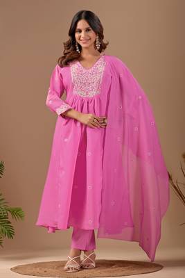 Pink mul chanderi embroidered anarkali kurta set with dupatta for women 1