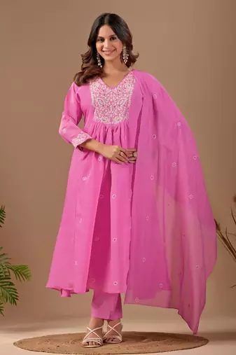Pink mul chanderi embroidered anarkali kurta set with dupatta for women
