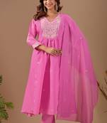 Pink mul chanderi embroidered anarkali kurta set with dupatta for women