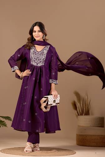 Wine mul chanderi embroidered anarkali kurta set with dupatta for women