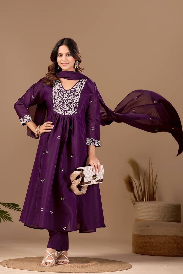 Wine mul chanderi embroidered anarkali kurta set with dupatta for women