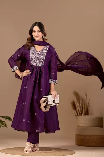Wine mul chanderi embroidered anarkali kurta set with dupatta for women
