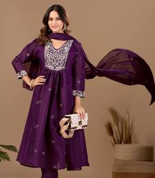 Wine mul chanderi embroidered anarkali kurta set with dupatta for women