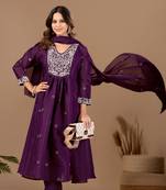 Wine mul chanderi embroidered anarkali kurta set with dupatta for women