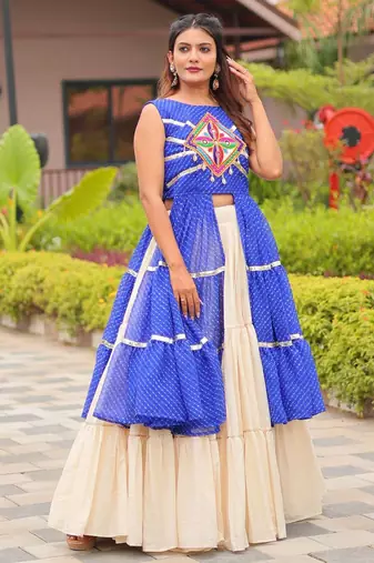 Blue colour Pure Cotton Gamthi Work Lehenga Set