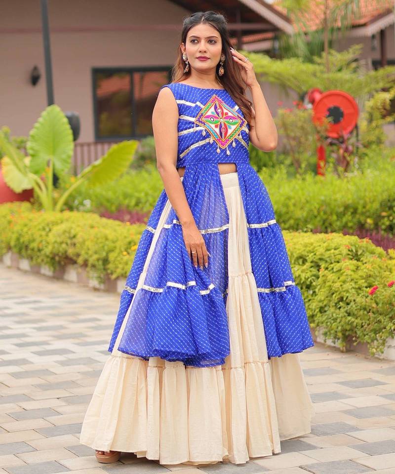 Blue colour Pure Cotton Gamthi Work Lehenga Set
