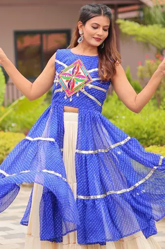 Blue colour Pure Cotton Gamthi Work Lehenga Set