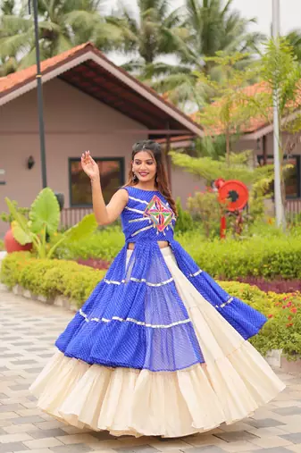 Blue colour Pure Cotton Gamthi Work Lehenga Set