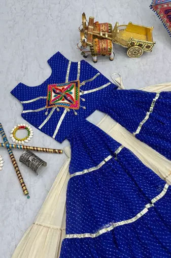 Blue colour Pure Cotton Gamthi Work Lehenga Set