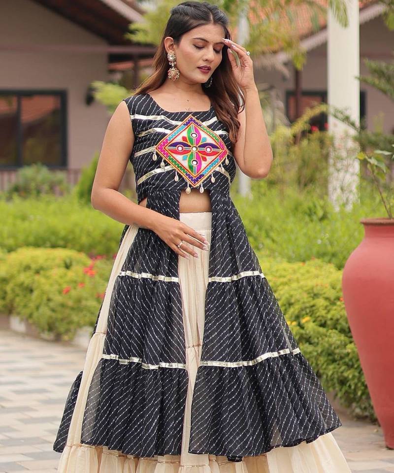black colour Pure Cotton Gamthi Work Lehenga Set
