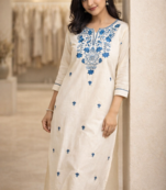 White Blue Embroidered Cotton Kurta & Pant Set