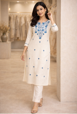 White Blue Embroidered Cotton Kurta & Pant Set 2