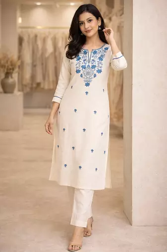 White Blue Embroidered Cotton Kurta & Pant Set