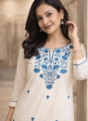 White Blue Embroidered Cotton Kurta & Pant Set 3