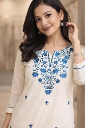 White Blue Embroidered Cotton Kurta & Pant Set