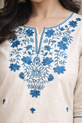 White Blue Embroidered Cotton Kurta & Pant Set 4