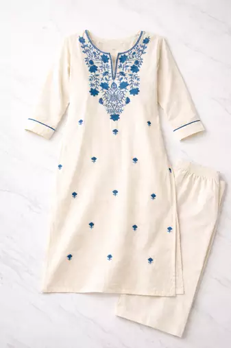 White Blue Embroidered Cotton Kurta & Pant Set