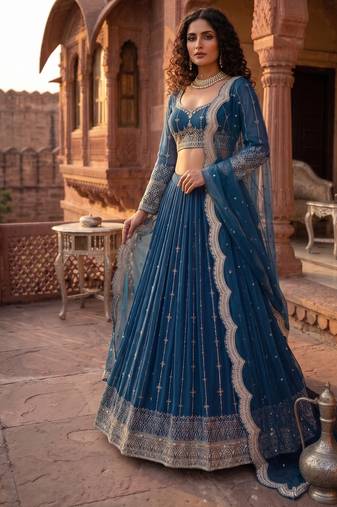 Elegance Royal Blue Zari and Sequins Embroidered Indian Designer Wedding Lehenga Choli