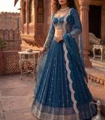 Elegance Royal Blue Zari and Sequins Embroidered Indian Designer Wedding Lehenga Choli