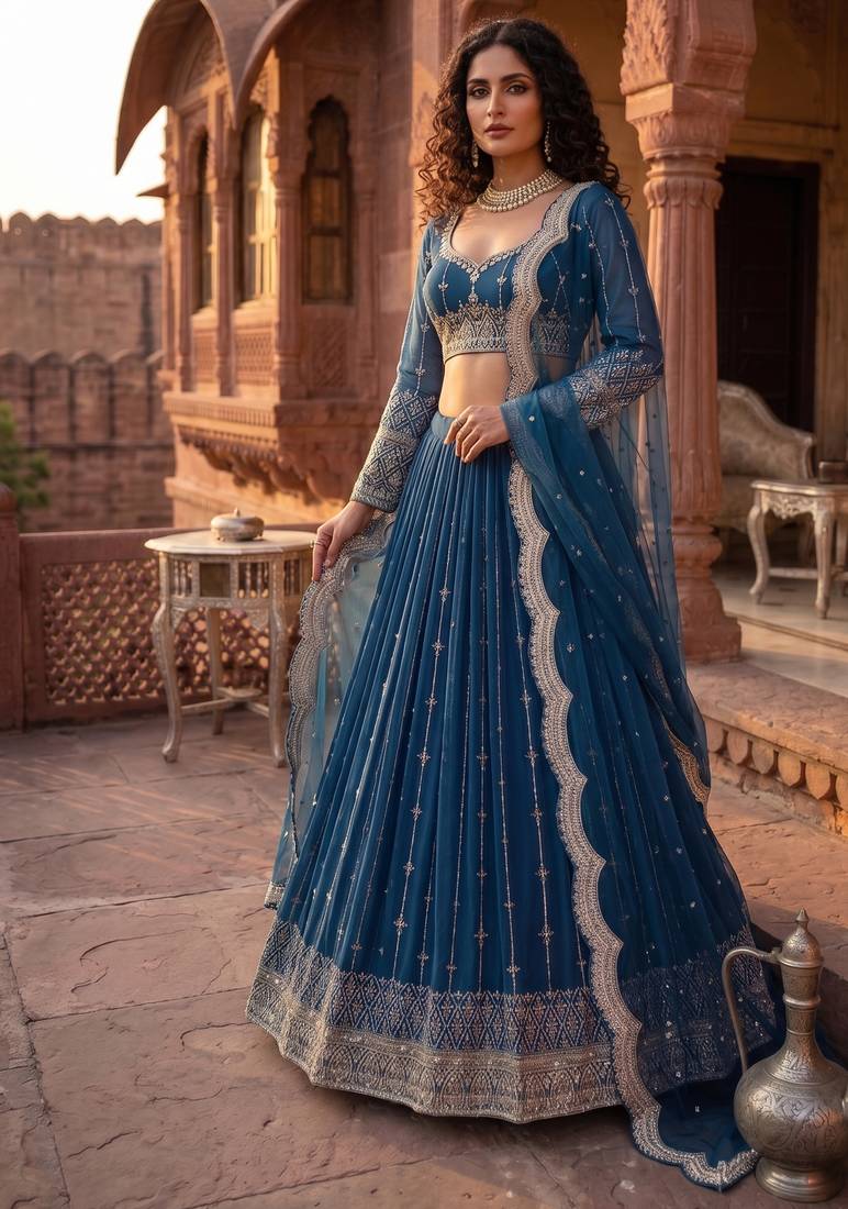 Elegance Royal Blue Zari and Sequins Embroidered Indian Designer Wedding Lehenga Choli