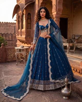 Elegance Royal Blue Zari and Sequins Embroidered Indian Designer Wedding Lehenga Choli 2