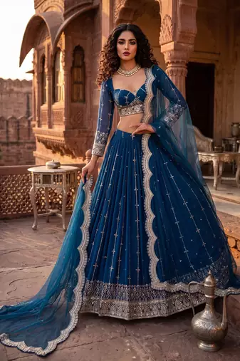 Elegance Royal Blue Zari and Sequins Embroidered Indian Designer Wedding Lehenga Choli