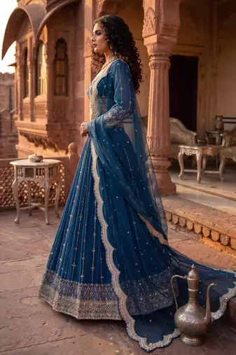 Elegance Royal Blue Zari and Sequins Embroidered Indian Designer Wedding Lehenga Choli