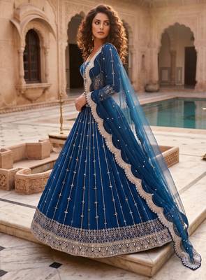 Elegance Royal Blue Zari and Sequins Embroidered Indian Designer Wedding Lehenga Choli 4