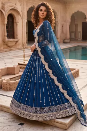 Elegance Royal Blue Zari and Sequins Embroidered Indian Designer Wedding Lehenga Choli