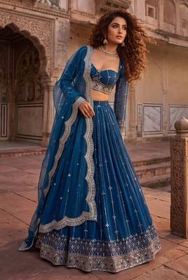 Elegance Royal Blue Zari and Sequins Embroidered Indian Designer Wedding Lehenga Choli 5