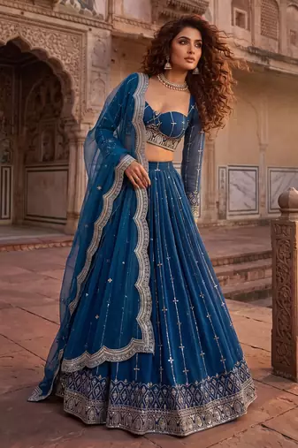 Elegance Royal Blue Zari and Sequins Embroidered Indian Designer Wedding Lehenga Choli