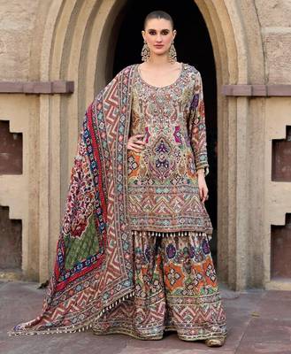 Multicolor heavy chinon digital print suit set 1