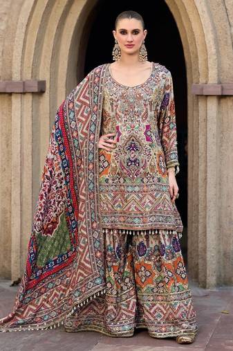 Multicolor heavy chinon digital print suit set