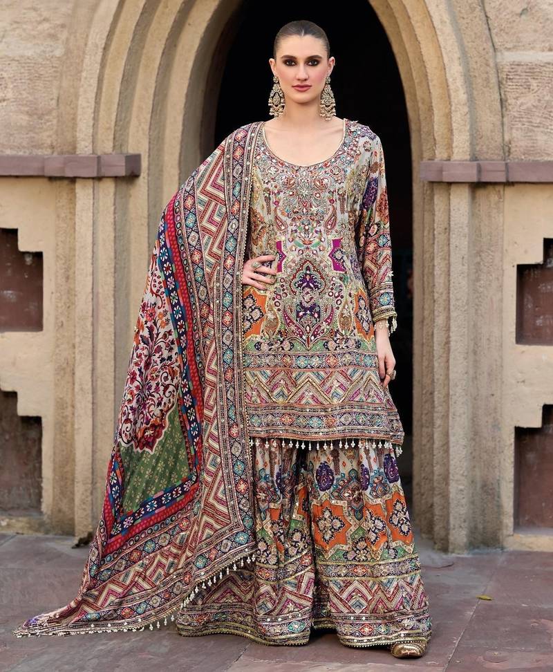 Multicolor heavy chinon digital print suit set