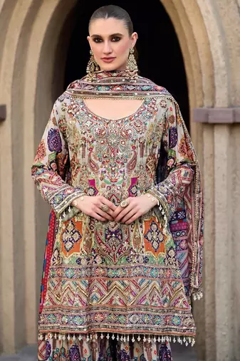 Multicolor heavy chinon digital print suit set