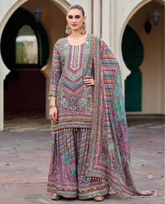 Multicolor heavy chinon digital print suit set 1