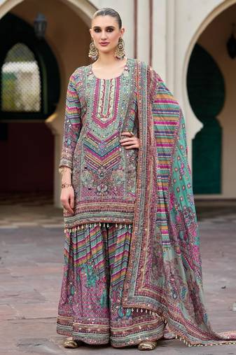 Multicolor heavy chinon digital print suit set