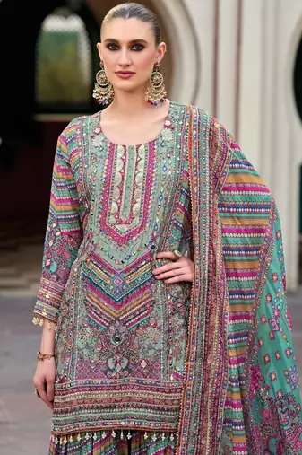 Multicolor heavy chinon digital print suit set