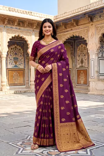 Wine soft silk woven designer saree
