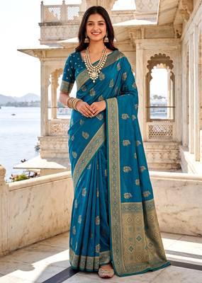 Teal blue soft silk blend woven designer saree 2