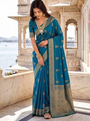 Teal blue soft silk blend woven designer saree 3