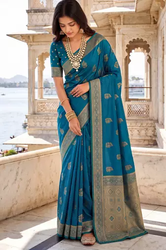 Teal blue soft silk blend woven designer saree