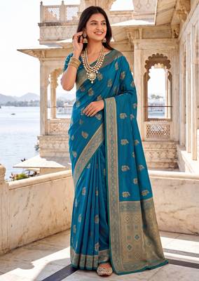 Teal blue soft silk blend woven designer saree 4
