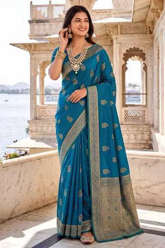Teal blue soft silk blend woven designer saree