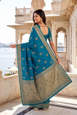 Teal blue soft silk blend woven designer saree 5
