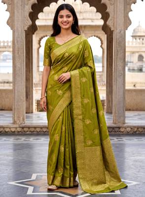 Light green soft silk blend woven designer saree 2