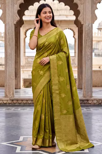 Light green soft silk blend woven designer saree